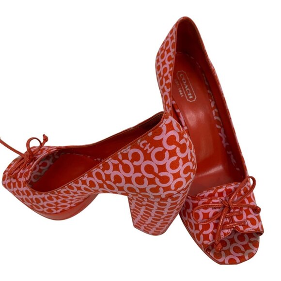 Coach Corry Red Pink Open Gem Peep Toe Chunky High Heels Size 6 Q10646 GUC - Picture 9 of 10